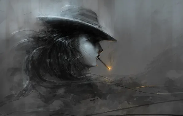 Девушка, огонь, шляпа, арт, сигарета, профиль, черно-белое