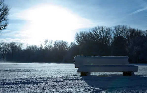 Картинка зима, снег, парк, в снегу, день, скамья, bench, искрится