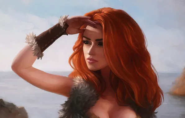 Картинка море, взгляд, девушка, рыжая
