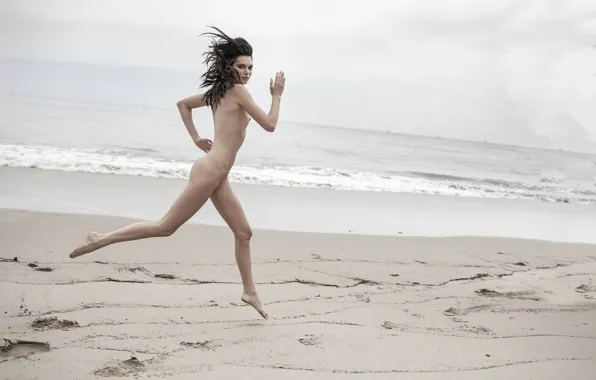 Море, модель, голая, брюнетка, бег, красивая, худенькая, Kendall Jenner