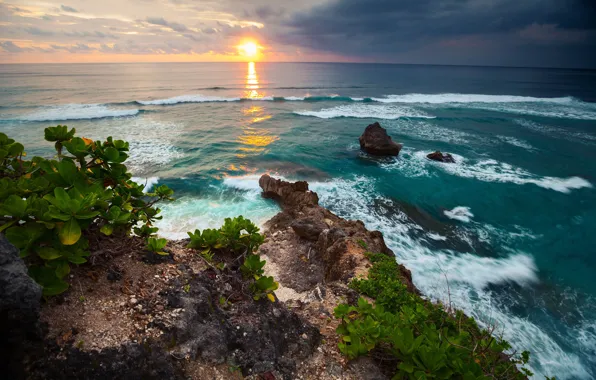 Картинка волны, небо, пейзаж, закат, тропики, океан, скалы, отдых, побережье, размытость, Бали, Индонезия, summer, nature, island, …