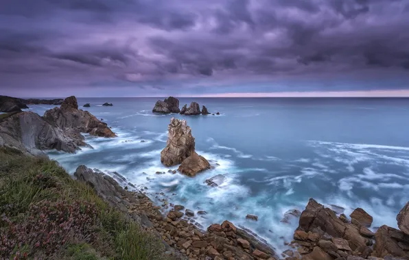 Картинка море, небо, скалы, выдержка, провинция, Кантабрия, северная Испания