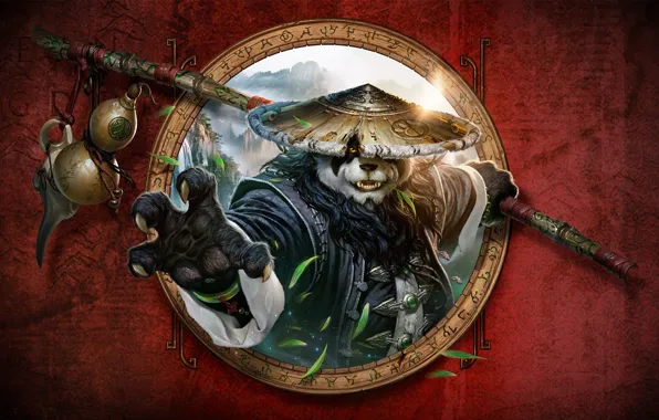 Картинка лапа, Панда, посох, листя, World of Warcraft: Mists of Pandaria