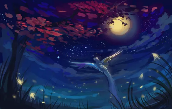 Картинка небо, ночь, дерево, птица, арт