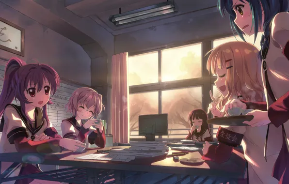 Компьютер, девушки, аниме, blush, computer, purple eyes, yuuki tatsuya, сидят