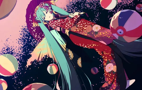 Картинка девушка, волосы, вокалоид, хатсуне мику, кимоно.