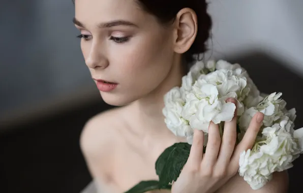 Girl, photo, photographer, flowers, leaves, model, brunette, petals