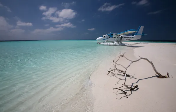 Картинка песок, самолет, океан, остров, горизонт, такси, Мальдивы