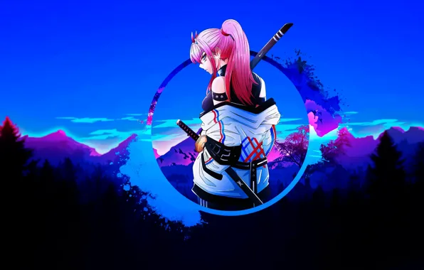 Небо, девушка, горы, катана, аниме, мультсериал, розовые волосы, Darling in the FranXX