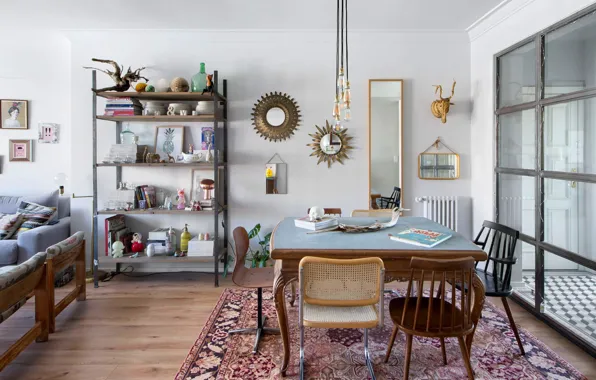 Интерьер, гостиная, столовая, NONAGON style, eclectic living-dining, mismatched chairs