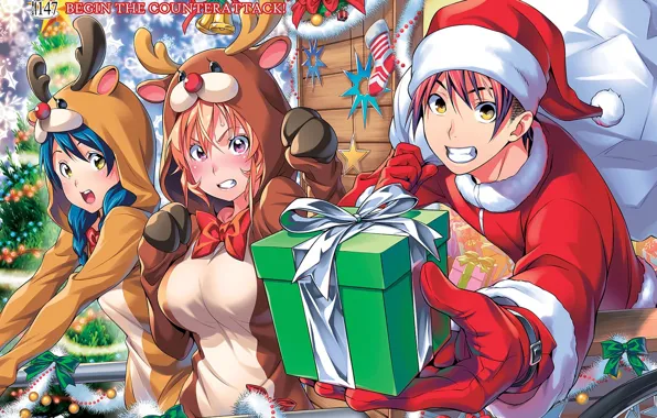 Девушки, новый год, аниме, арт, парень, Shokugeki no Soma, Сома