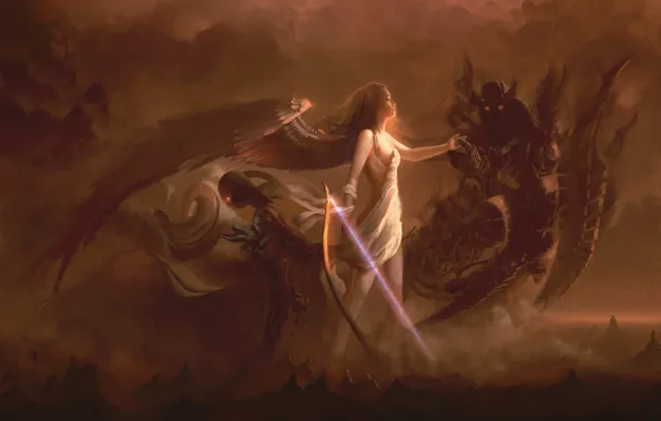 Девушка, Ангел, Крылья, Демон, Fantasy, Демоны, Арт, Devil