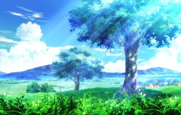 Картинка небо, трава, облака, деревья, пейзаж, горы, город, Аниме