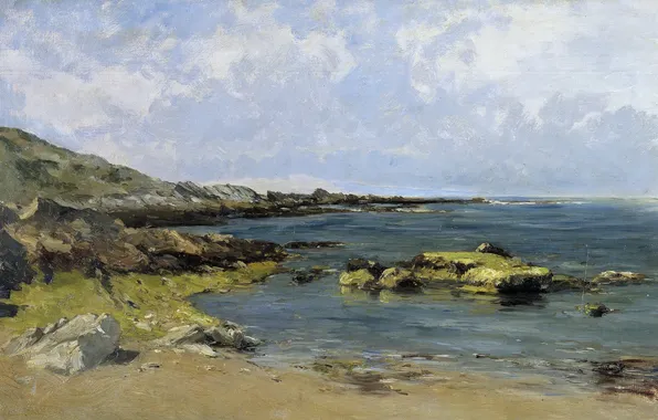 Камни, берег, картина, морской пейзаж, Карлос де Хаэс, Прилив