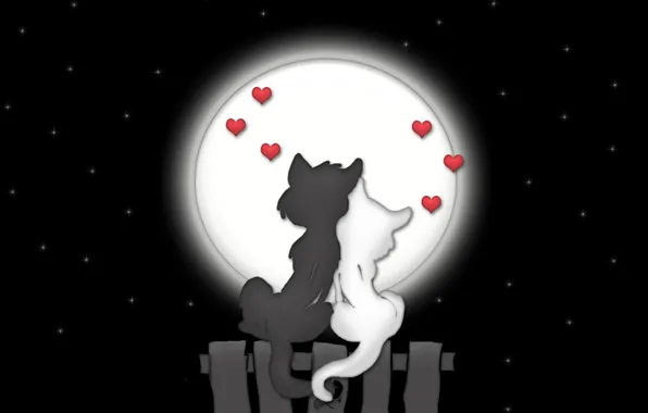 Картинка любовь, кошки, ночь, луна