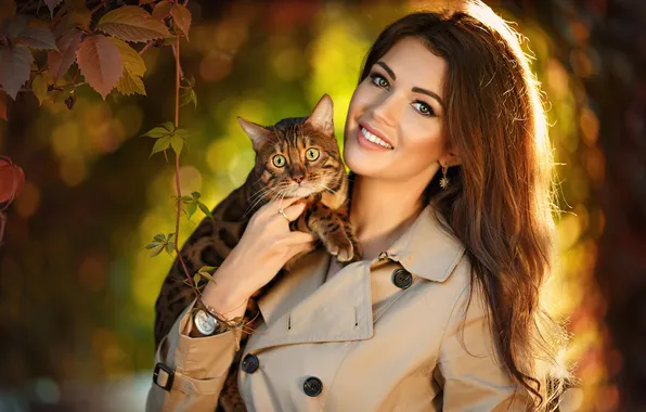 Осень, кошка, кот, девушка, свет, улыбка, парк, листва