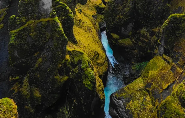 Картинка природа, река, скалы, течение, мох