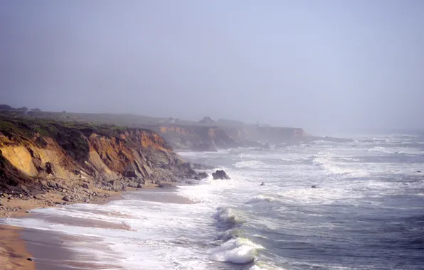 Waves, beach, fog, houses, lighthouse, cliffs, troubled sea