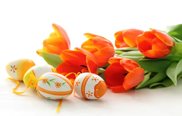 Картинка цветы, праздник, яйца, весна, Пасха, тюльпаны, красные, Easter