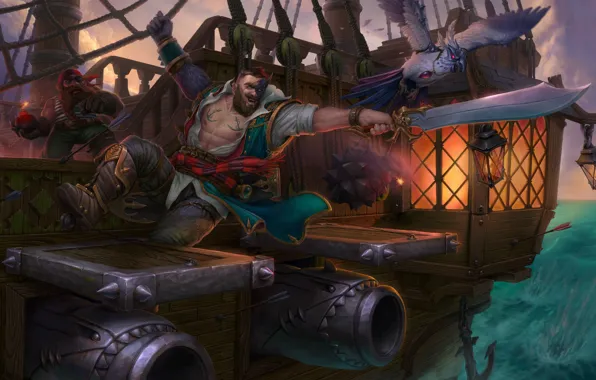 Картинка море, корабль, фэнтези, арт, пират, пушка, Pirate, Eugene Rudakov