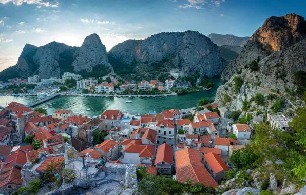 Море, горы, природа, скалы, дома, крыши, залив, вид сверху