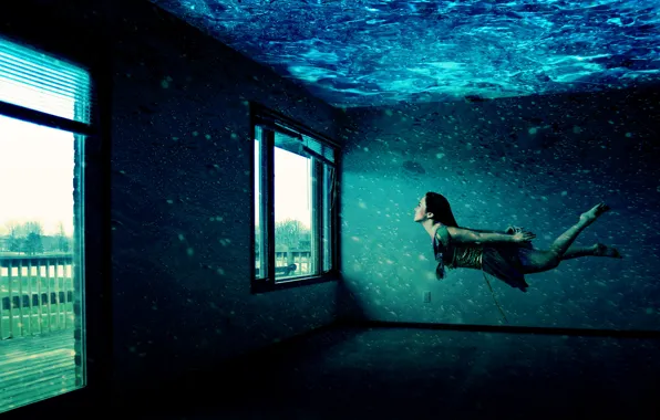 Девушка, комната, окна, Под водой