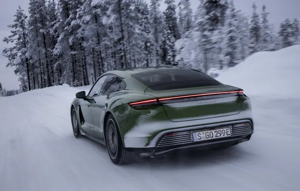 Снег, Porsche, зелёный, зимняя дорога, 2020, Taycan, Taycan 4S