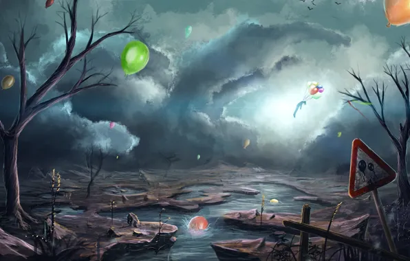 Картинка облака, птицы, река, воздушные шары, апокалипсис, человек, арт