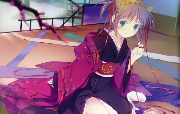 Ленты, комната, кимоно, голубые глаза, art, рожки, коробочка, visual novel