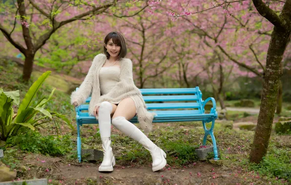 Картинка Asian, long hair, model, women, bench, dark hair