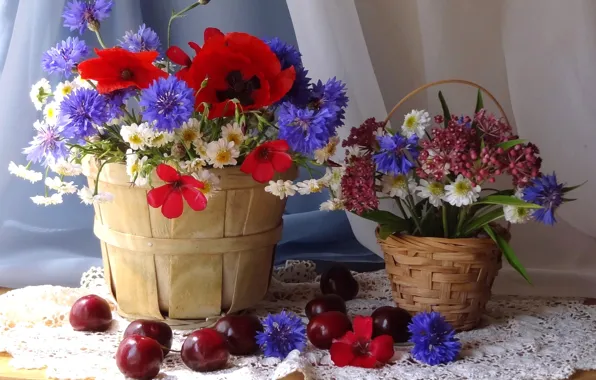 Цветы, ягоды, букет, натюрморт, корзинка
