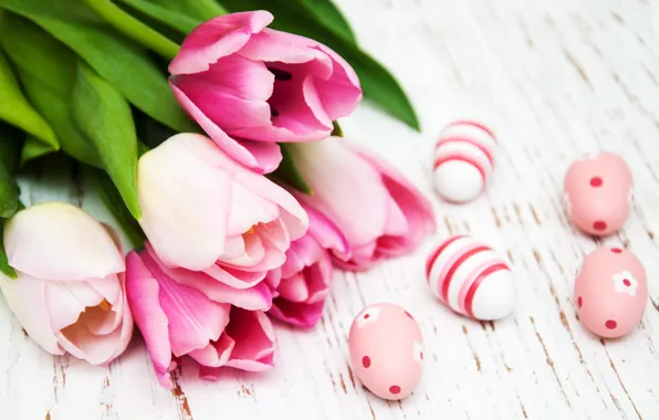 Картинка цветы, яйца, Пасха, тюльпаны, happy, wood, pink, flowers