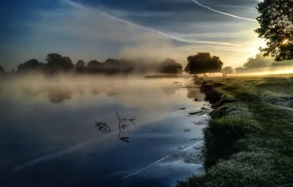 Картинка природа, туман, озеро, утро