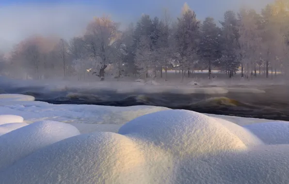 Зима, снег, деревья, природа, река, Швеция, Sweden, Voxnan River