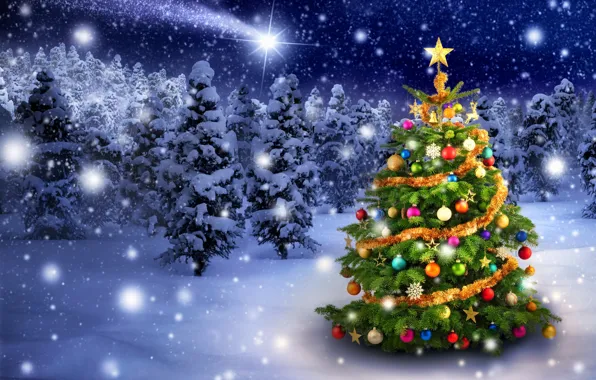 Картинка зима, снег, снежинки, игрушки, елка, Новый Год, Рождество, Christmas