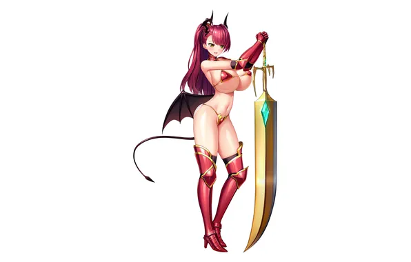 Girl, sword, sexy, cleavage, thighhighs, horns, red hair, long hair