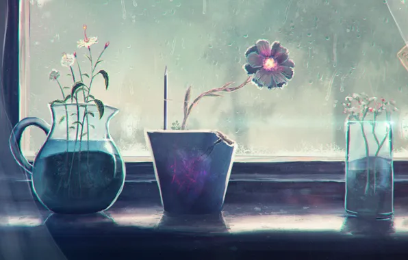 Картинка цветы, стакан, дождь, окно, арт, подоконник, кувшин, горшочек
