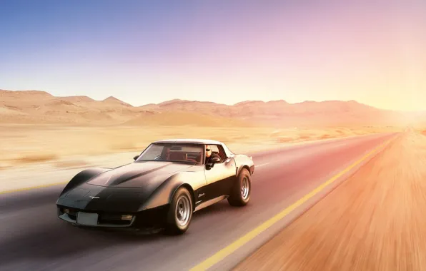 Картинка чёрный, пустыня, скорость, Corvette, Chevrolet, шевроле, black, desert