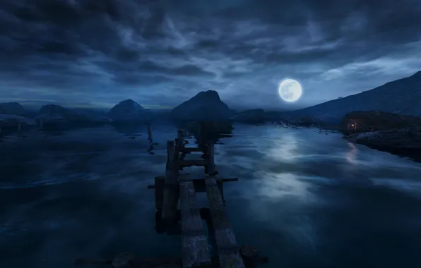 Картинка Dear Esther, Дорогая Эстер, ночь на озере, Пполнолуние