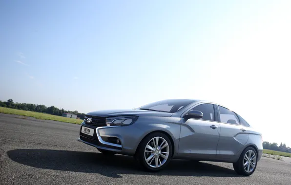 Дорога, автомобиль, седан, серебристая, Lada, Лада, Vesta, Веста