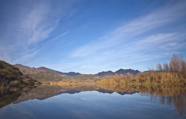 Горы, озеро, отражение, холмы, растительность, mountains, lake, hills