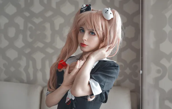 Pink hair, long hair, model, cosplay, red lips, gorgeous, photoshoot, cute girl