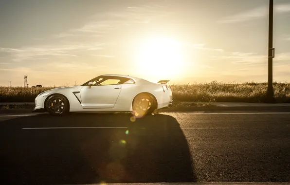 GTR, Nissan, white, wheels, спорткар, side, ниссан, stance