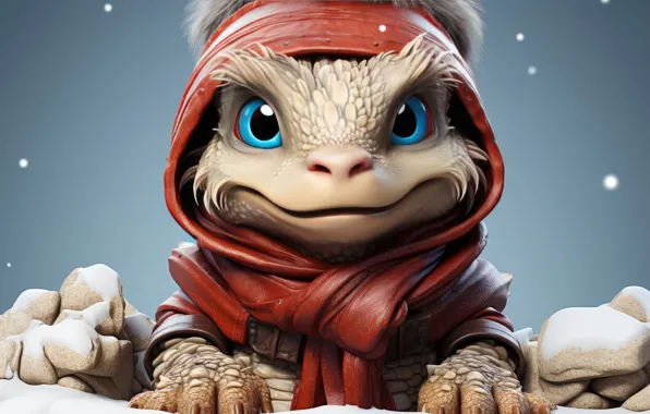Зима, взгляд, снег, улыбка, дракон, игрушка, портрет, Рождество