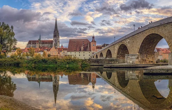 Картинка мост, отражение, река, здания, дома, Германия, Бавария, Germany