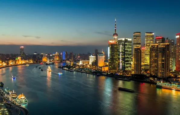 Картинка огни, China, здания, панорама, Китай, Shanghai, Шанхай, ночной город