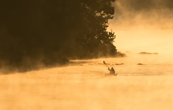 Картинка туман, река, лодка, человек, утро