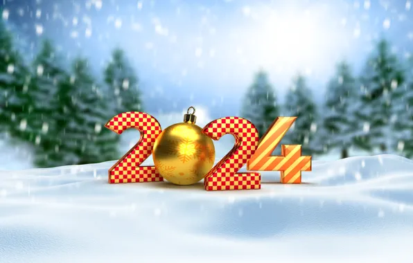Картинка зима, снег, Новый Год, Рождество, цифры, golden, new year, happy