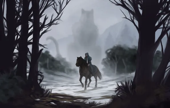 Картинка взгляд, вода, деревья, туман, лошадь, арт, хвост, силуэт. существо