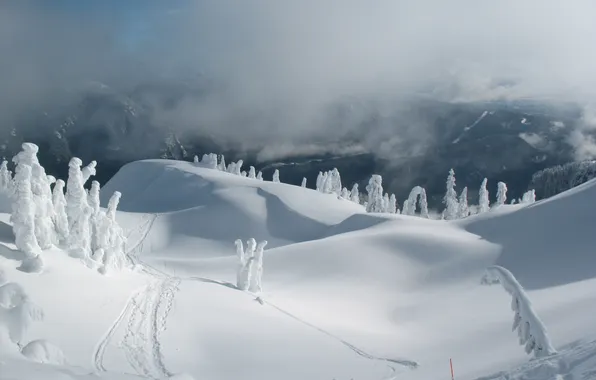 Картинка зима, снег, горы, туман, сугробы